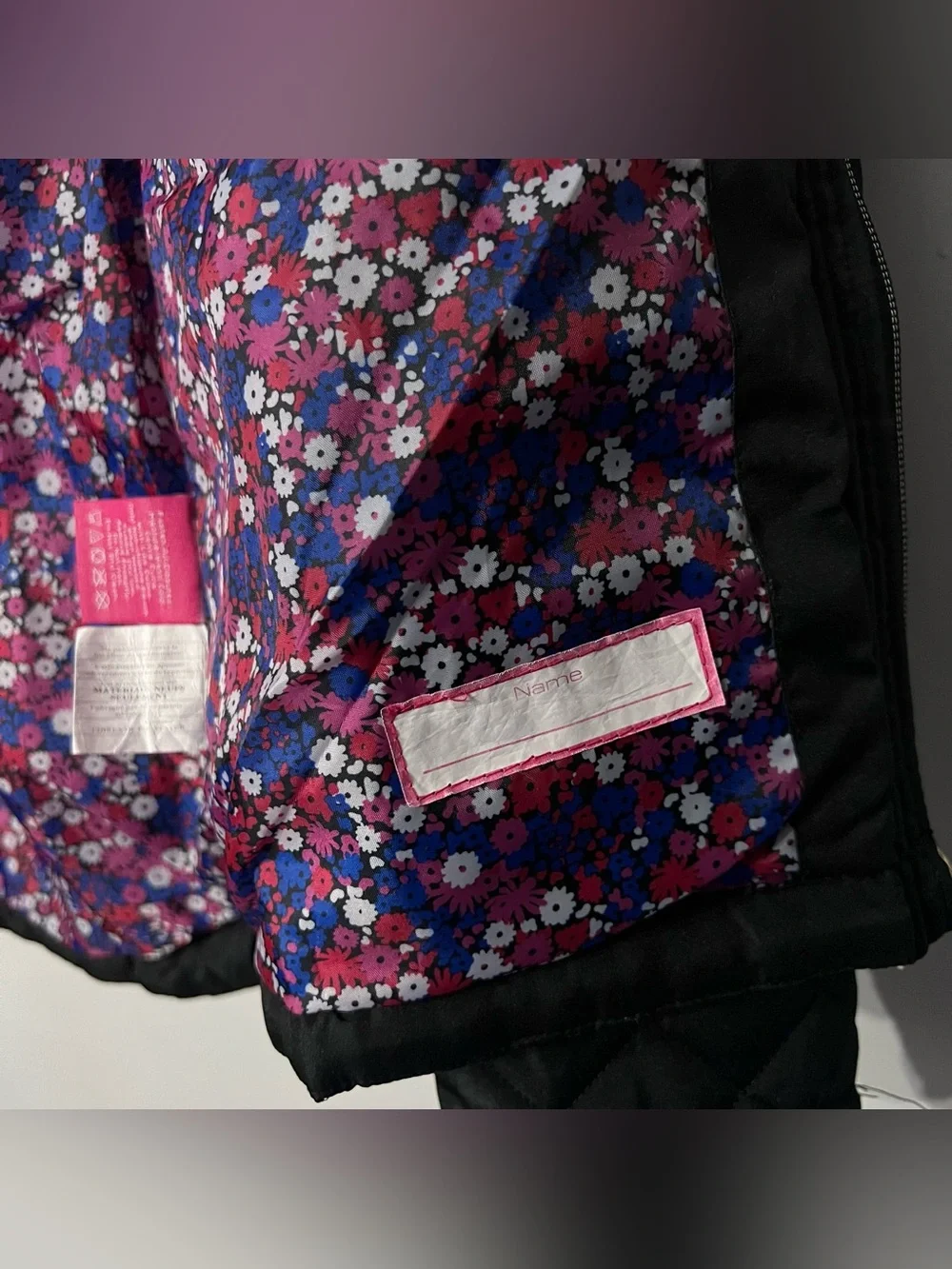 Weatherproof Girl’s L 14/16 Black Quilted Hooded Jacket Floral Lined Pockets